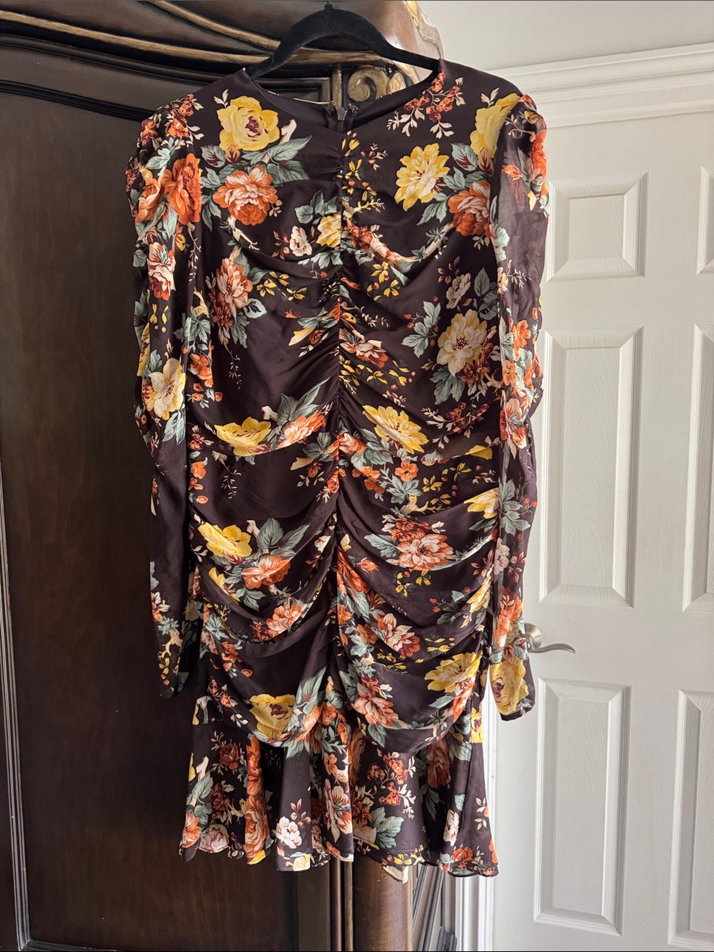 Veronica Beard Brown Floral Ruched Long-Sleeve Dress size 10